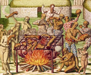 Scéna kanibalismu, z „Americae Tertia Pars...“, 1592 (barevná rytina)